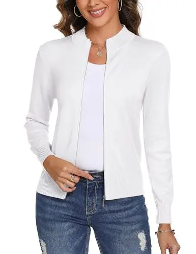 Produktbild: Aottori Damen Langarm Stehkragen Strickjacke Pullover Cardigan mit Reißverschluss Sweatshirt Casual Einfarbig Strickmantel Freizeit Jacket Outerwear Weiß S