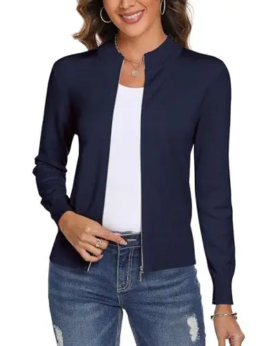 Produktbild: Aottori Damen Langarm Stehkragen Strickjacke Pullover Cardigan mit Reißverschluss Sweatshirt Casual Einfarbig Strickmantel Outerwear Marine S