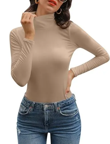 Produktbild: Aottori Damen Langarmshirt Baumwolle Unterwäsche Elegant Rollkragenshirt Stretch Basic Top Thermooberteile Tunika T-Shirt Sexy Frühling Khaki M