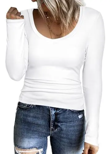 Produktbild: Aottori Damen Shirt Langarm mit V-Ausschnitt Langarmshirt Casual Basic Oberteile Stretch Pullover Elegant Einfarbig Weiß XXL