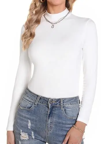 Produktbild: Aottori Damen Langarmshirt Slim Fit Baumwolle Rollkragenshirt Eng Stretch Basic Tops Unterwäsche Elegant Thermooberteile Turtleneck T-Shirt Sexy Frühling Weiß S