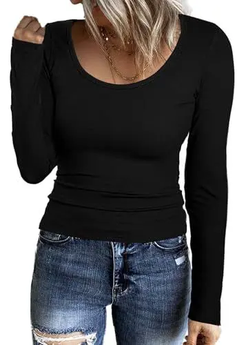 Produktbild: Aottori Damen Shirt Langarm Rundhals Langarmshirt Casual Basic Oberteile Stretch Pullover Elegant Einfarbig Schwarz S