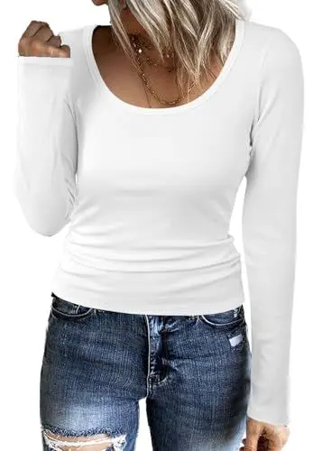 Produktbild: Aottori Damen Shirt Langarm Rundhals Langarmshirt Casual Basic Oberteile Stretch Pullover Elegant Einfarbig Weiß S