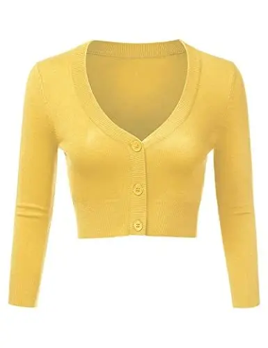 Produktbild: Aottori Damen Strick Bolero Shrug Langarm Elegante V Ausschnitt Cardigan Kurze Offener Strickweste Strickjacke Top Knopf Gelb S
