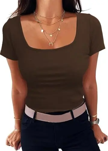 Produktbild: Aottori Tshirt Damen Gerippt Elegant Oberteile Kurzarm mit Eckigem Ausschnitt Basic Tee Shirts Slim Fit T-Shirt Stretch Casual Sommer Tops Braun S