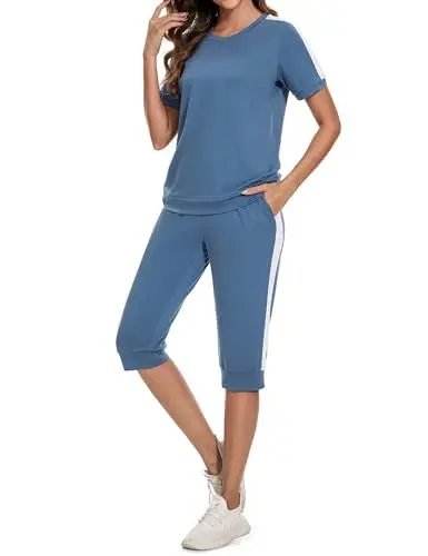 Produktbild: Aottori Hausanzug Damen Zweiteiler Sommer Hosenanzug Elegant Outfits Kleidung 2 Teiler Set Y2k Workout Sport Anzug Blau M