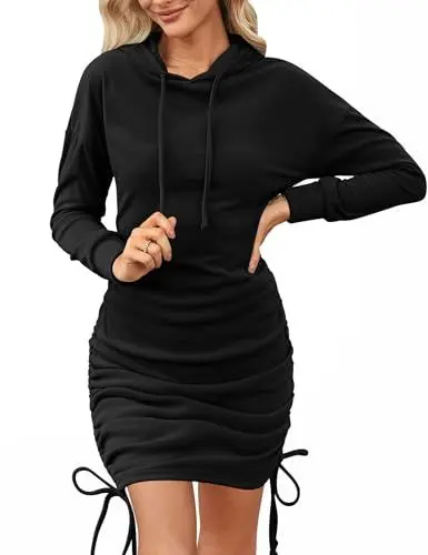 Produktbild: Aottori Hoodiekleid Damen Langarm Sweatshirtkleid Elegant Kapuzenkleid Herbst Pullover Kleid Casual Kapuzenpullover Lang Winterkleid Einfarbig Schwarz XXL