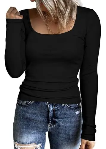 Produktbild: Aottori Langarmshirt Damen Baumwolle Basic Tops Slim Fit Sexy Oberteile Eckigem Ausschnitt Tee Shirt Langarm Casual Schwarz S