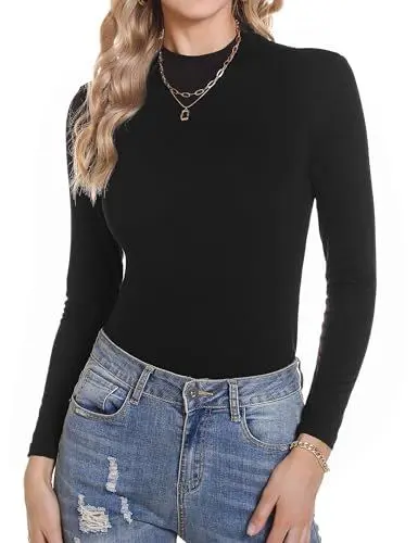 Produktbild: Aottori Langarmshirt Damen Baumwolle Rollkragenshirt Slim Fit Shirt Stehkragen Unterziehrolli Longsleeve Stretch Thermo Oberteil Elegant Basic Top Schwarz XL