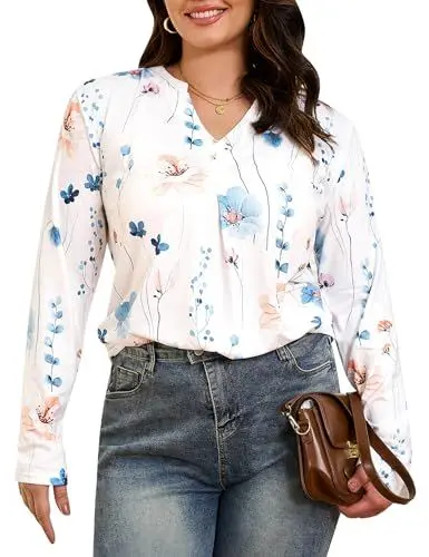 Produktbild: Aottori Langarmshirt Damen T-Shirt Elegant V-Ausschnitt Langarm Longshirt Sweatshirt Leichte Weich Oberteile Basic Tunika Bluse Drucken 1 M