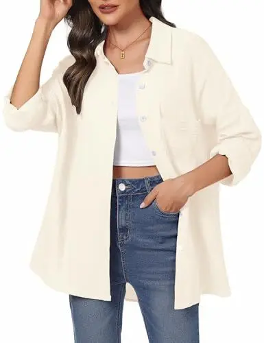 Produktbild: Aottori Musselin Bluse Damen Elegant 100% Baumwolle Longbluse Langarm Modern Oberteile Hemd Lose Langarmshirt Blusenshirt Hemdbluse Tuniken Tops Aprikose S