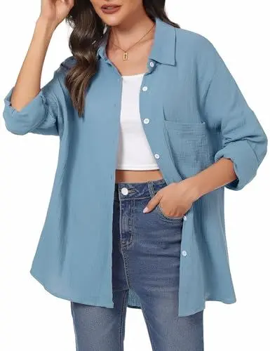 Produktbild: Aottori Musselin Bluse Damen Elegant 100% Baumwolle Longbluse Langarm Modern Oberteile Hemd Lose Langarmshirt Blusenshirt Hemdbluse Tuniken Tops Grau Grün L