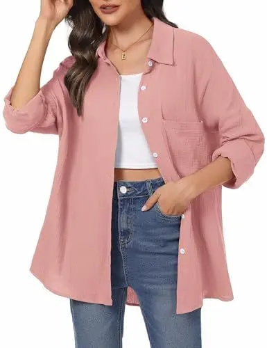 Produktbild: Aottori Musselin Bluse Damen Elegant 100% Baumwolle Longbluse Langarm Modern Oberteile Hemd Lose Langarmshirt Blusenshirt Hemdbluse Tuniken Tops Rosa M