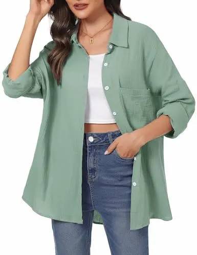 Produktbild: Aottori Musselin Bluse Damen Elegant 100% Baumwolle Longbluse Langarm Modern Oberteile Hemd Lose Langarmshirt Blusenshirt Hemdbluse Tuniken Tops Tee Grün XL