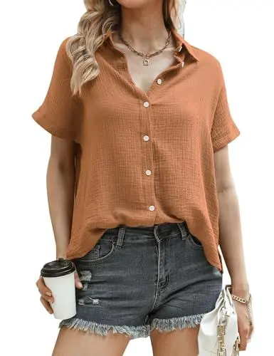 Produktbild: Aottori Musselin Bluse Damen Elegant Oberteile 100% Baumwolle Kurzarm Hemdbluse mit V-Ausschnitt Blusen Tunika Tops Sommer Braun L