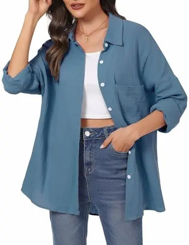 Produktbild: Aottori Musselin Bluse Damen Oversize Hemdbluse Oberteile Langarm Hemd Longbluse Langarmshirt Elegant V-Ausschnitt Baumwolle Lockere Blusenshirt Blusen Tunika mit Tasche Blau 2 S