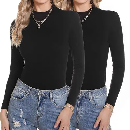 Produktbild: Aottori Oberteile Damen Stehkragen Unterhemd Winter Rollkragenpullover Elegant Langarm Langarmshirt Thermo Warm Thermounterwäsche Leicht Basic Tops 2er-Pack Schwarz+Schwarz XXL