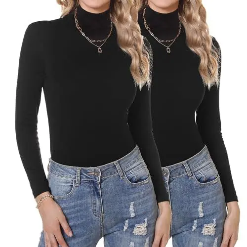 Produktbild: Aottori Rollkragenshirt Set Damen Langarmshirt Rollkragen Baumwolle Oberteile Langarm Elegant Thermo Shirt Dünn Eng Tops Slim Fit Stretch für Herbst Winter Schwarz+Schwarz L