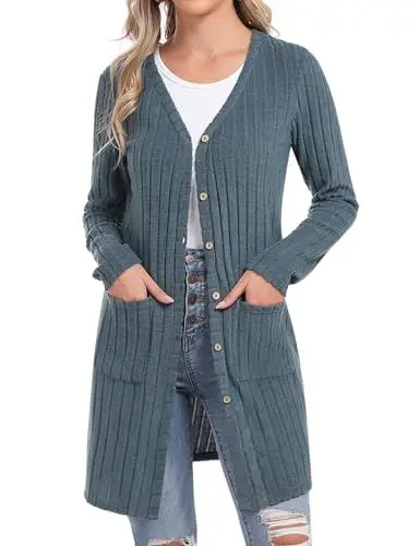 Produktbild: Aottori Cardigan Damen Lang Strickjacke Leichte Elegant Longstrickjacke V-Ausschnitt mit Taschen und Knöpfen Blau XL