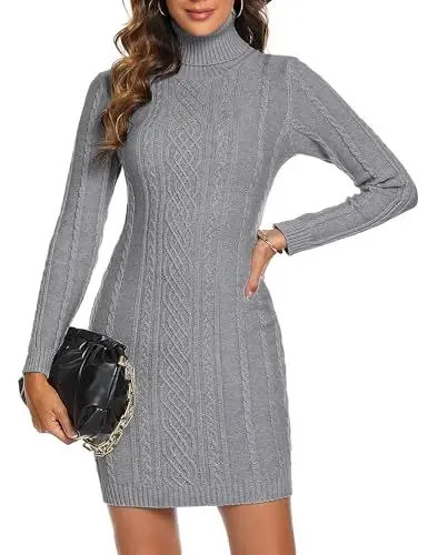 Produktbild: Aottori Strickkleid Damen Rollkragen Pullover Kleid Elegant Pulloverkleid Langarm Winterkleid Warm Strickpullover Freizeit Pullikleid Stretch Herbst Winter Dunkelgrau M