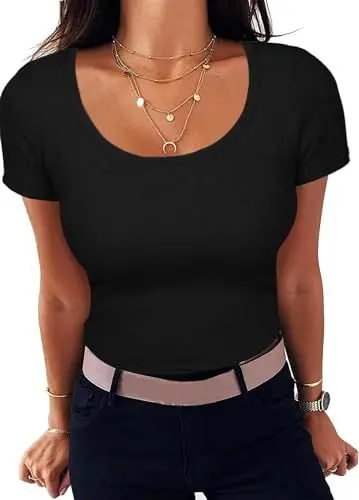 Produktbild: Aottori Tshirt Damen Kurzarm T-Shirt mit Rundhals Oberteile Sommer Basic Tops Sexy Eng Tee Shirts Elegant Schwarz M