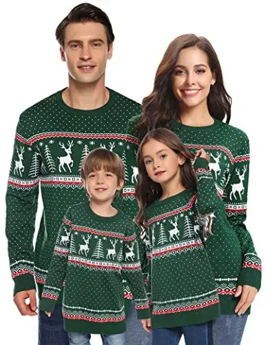 Produktbild: Aottori Weihnachten Pullover Damen Weihnachtspullover Familie Set Rentiermuster Christmas Reindeer Strickpullover Unisex Christmas Sweater Herren-Grün M