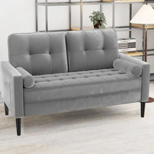 Produktbild: Aotumm Ciort 2 Sitzer Sofa, Kleine Sofa, Samt Couch Sofa mit 2 Kissen und Armlehnen, Mid-Century Moderne Couch, 2er Couch Loungesofa, Bequemes 2-Sitzer Sofa für Wohnzimmer, Schlafzimmer, Hellgrau