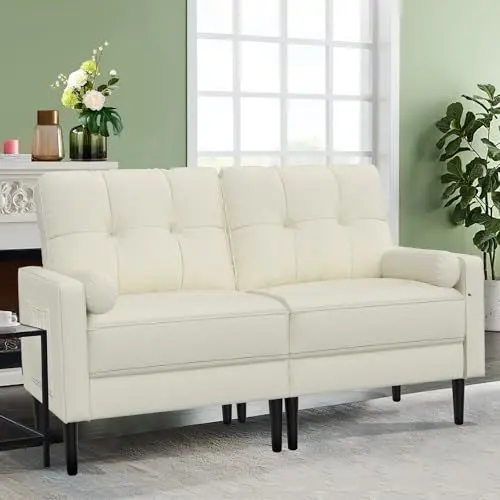 Produktbild: Aotumm Ciort 2 Sitzer Sofa, Kleine Couch Mit 2 Kissen und Armlehnen, Mid-Century Moderne Leinen Sofa für Wohnzimmer, Schlafzimmer, Beige