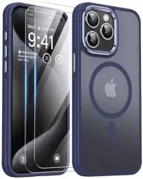 Produktbild: AOUIA für iPhone 15 Pro Max Hülle, iPhone 15 ProMax Hülle mit 2 Stück Schutzfolie, (Fallschutz) (Anti-Kratzer), Transluzentes Mattes Magsafe Hülle für iPhone 15 Pro Max Handyhülle (Blau)