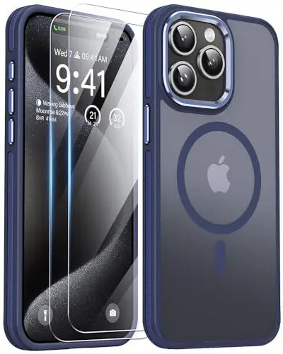 Produktbild: AOUIA für iPhone 15 Pro Max Hülle, iPhone 15 ProMax Hülle mit 2 Stück Schutzfolie, (Fallschutz) (Anti-Kratzer), Transluzentes Mattes Magsafe Hülle für iPhone 15 Pro Max Handyhülle (Blau)