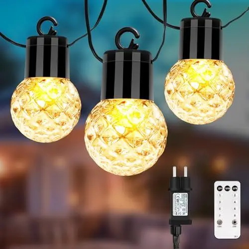 Produktbild: Aourow LED Lichterkette Aussen mit Stecker und Fernbedienung,25 Glühbirnen 15m Partylichterkette mit 8 Modi und 4 Helligkeit,Warmes Weiß Außenbeleuchtung für Garten,Terrasse,Balkon,Party