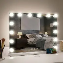 Produktbild: Aovquof Hollywood Spiegel mit Beleuchtung, Schminkspiegel mit 14 LED-Leuchten, 3 Lichtmodi, mit USB und 10x Vergrößerung, Tischplatte oder Wandhalterung für Schlafzimmer (50 * 40cm)
