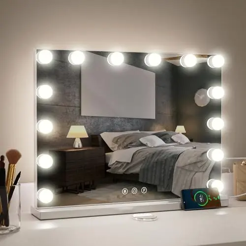 Produktbild: Aovquof Hollywood Spiegel mit Beleuchtung, Schminkspiegel mit 14 LED-Leuchten, 3 Lichtmodi, mit USB und 10x Vergrößerung, Tischplatte oder Wandhalterung für Schlafzimmer (50 * 40cm)