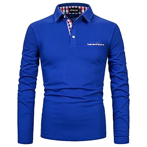 Produktbild: APAELEA Poloshirt Herren Baumwolle Langarm Golf T-Shirt mit Klassische Karierte Knopfleiste,Blau,S