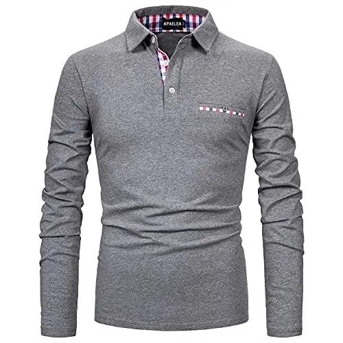 Produktbild: APAELEA Poloshirt Herren Baumwolle Langarm Golf T-Shirt mit Klassische Karierte Knopfleiste,Grau,M