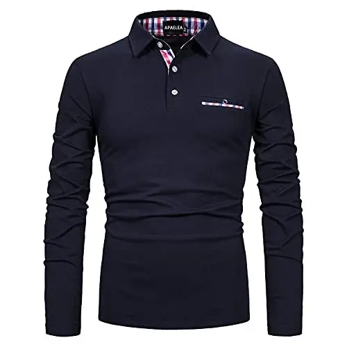 Produktbild: APAELEA Poloshirt Herren Baumwolle Langarm Golf T-Shirt mit Klassische Karierte Knopfleiste,Marine,M