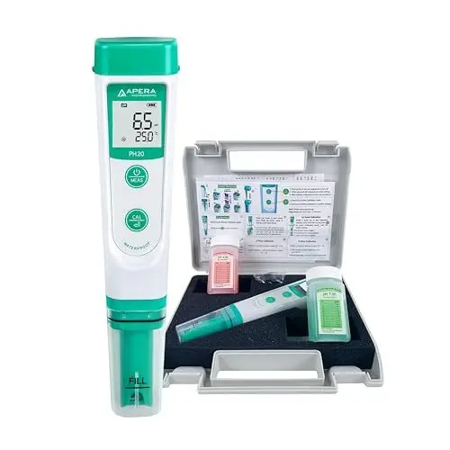 Produktbild: Apera Instruments PH20 pH-Meter, Messgerät im Taschenformat (±0,1 pH-Genauigkeit, 0 -14 pH-Messbereich, wasserfest, Temperaturanzeige) Set inkl. Kalibrierlösungen