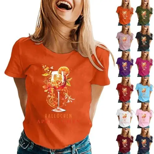 Produktbild: Aperol Shirt Damen Hallöchen Aperölchen Weinglas Cocktail Druck Fun-T-Shirt Oberteile Freizeitshirt T-Shirt Sport Shirt Karneval und Fasching Orange L