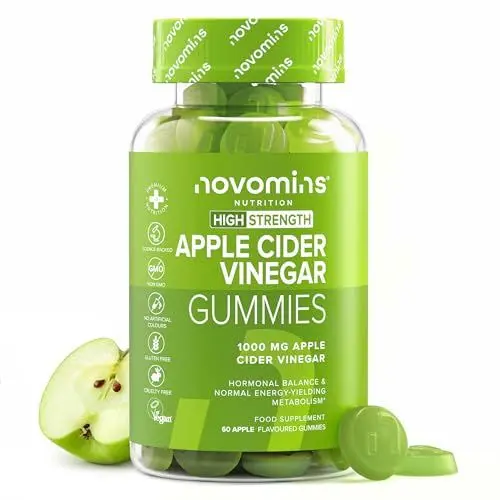 Produktbild: Apfelessig Gummies mit Mutter - Hochdosiert 1000 mg Alternative zu Apfelessig Kapseln - mit Vitamin B6, B12 und D2 - Vegan & Glutenfrei - Apple Cider Vinegar - 1 Monat - ACV - Novomins