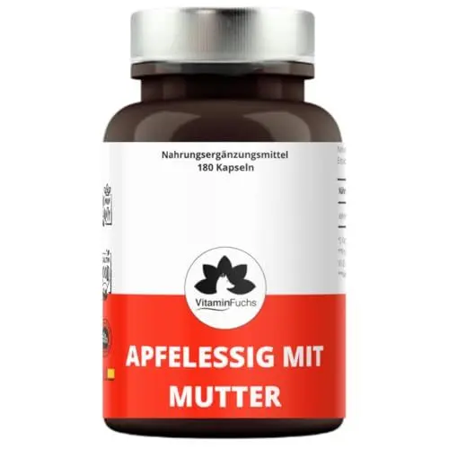 Produktbild: Apfelessig Kapseln mit Mutter – 180 vegane Kapseln – Organisches Apfelessig Pulver aus Mutterextrakt – Apple Cider Vinegar with Mother – Hochwertig & Natürlich – von VitaminFuchs