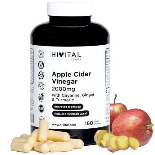 Produktbild: Apfelweinessig 2000 mg. 180 vegane Kapseln für 2-monatige Kur. Dieses natürliche Antibakterium mit Cayenne, Ingwer und Kurkuma. Apple Cider Vinegar. Hergestellt von HIVITAL