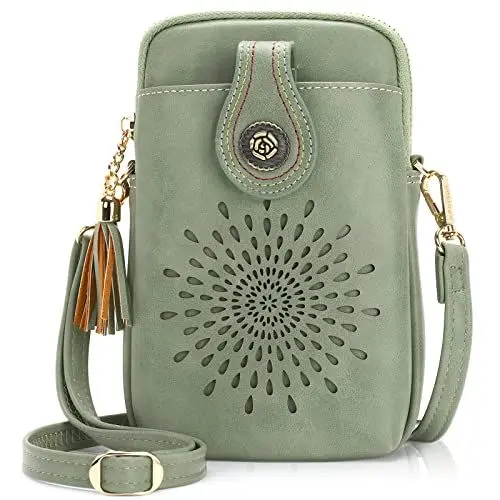 Produktbild: APHISON Handytasche zum Umhängen Handy Umhängetasche Klein Crossbody bag veganem Leder Geldbörse Damen für Handy unter 6,7 Zoll Verstellbar Schultergurt Grün