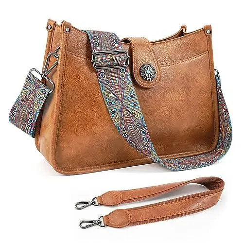 Produktbild: APHISON Umhängetasche Damen Handtasche Mittelgroß braun Crossbody Bag mit Breiter Gurt Hobo Bag Schultertasche veganem Leder Tasche 2 Schulterriemen Kartenschlitz Reisetasche