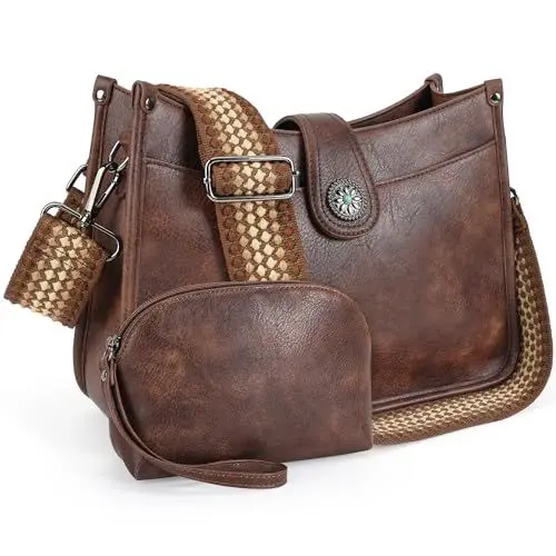 Produktbild: APHISON Umhängetasche Damen Handtasche Mittelgroß braune Crossbody Bag mit Breiter Gurt Hobo Bag Schultertasche veganem Leder Tasche 2 Schulterriemen Kartenschlitz Reisetasche