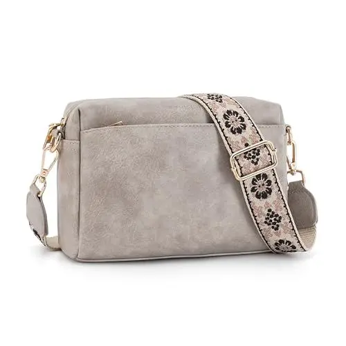 Produktbild: APHISON Umhängetasche Damen Klein Grau Crossbody Bag mit Breitem Gurt Boho Schultertasche PU Leder Handtasche Tasche mit Abnehmbarem Schultergurt Kartenschlitz Reisetasche