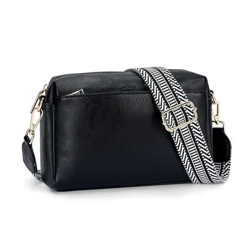 Produktbild: APHISON Umhängetasche Damen Klein schwarz Crossbody Bag mit Breitem Gurt Boho Schultertasche Veganes Leder Handtasche Tasche mit Abnehmbarem Schultergurt Kartenschlitz Reisetasche