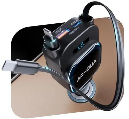 Produktbild: APHQUA 96W 4 in 1 Autoladegerät Zigarettenanzünder USB-C mit 2x70cm Aufrollbarem Autoladekabel, 12V/24V USB Adapter Auto, KFZ Zubehör Innenraum für iPhone 16/Sumsang S25