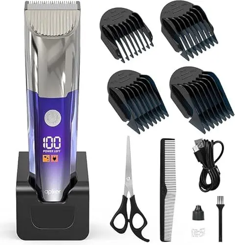 Produktbild: Apiker Haarschneidemaschine Profi, Haarschneider Herren mit ultrascharfen Keramikklinge, 4 Kammaufsätze, Haartrimmer Herren mit LED-Anzeige, Langhaarschneider USB Aufladbar, Schnurlos Trimmer