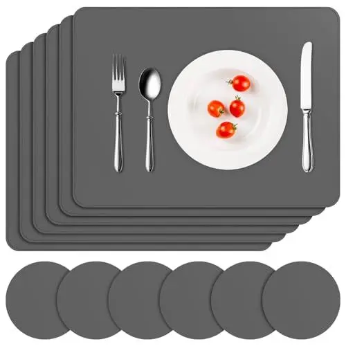 Produktbild: APLKER Tischset Leder 6er Set - Kunstleder Platzset Abwaschbar, Hitzebeständig Doppelseitigen Wasserdicht Platzdeckchen Lederoptik mit Tischuntersetzer rutschfest, 16 x 12 Zoll, Dunkelgrau