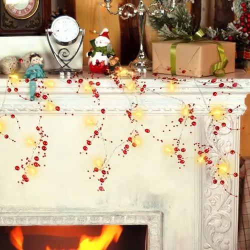 Produktbild: APODESS 2M 20LED Beerengirlande Tannengirlande mit Beleuchtung Weihnachtsgirlande Weihnachtsbeleuchtung Fenster Led Weihnachtsdeko Fensterbeleuchtung Weihnachten Batterie für Balkon Fensterdeko